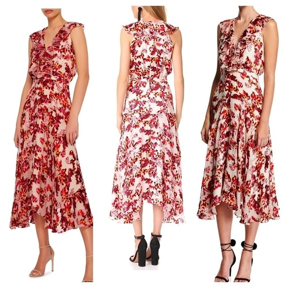 SALONI Dresses & Skirts - Saloni - Rita Ruffled Printed Devoré Satin And Chiffon Midi Dress